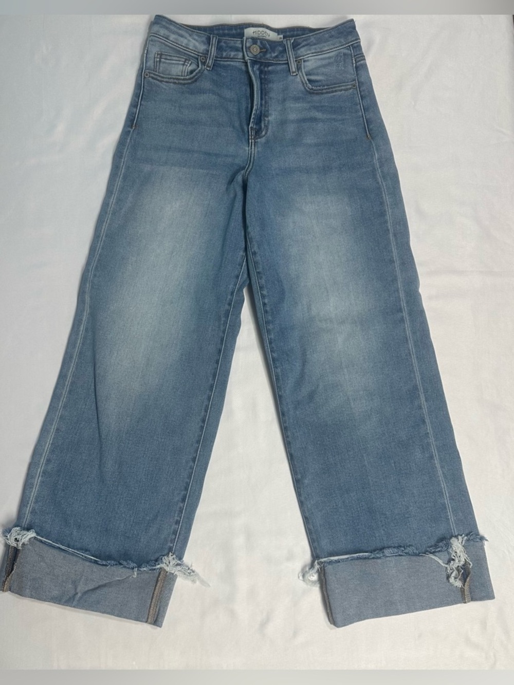 Hidden Light Wash Wide Leg Jeans - cuffed with raw hem